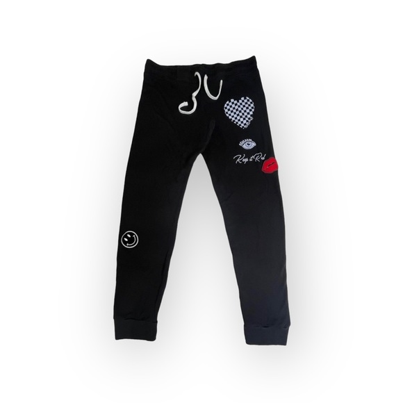 Lauren Moshi ᨎ Rad Checker Heart Smiley Lips Patch Elements Sweatpants ᨎ Black M - Picture 3 of 17